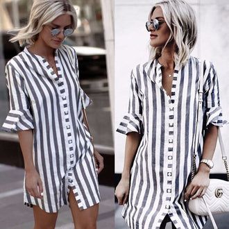 Summer Dress 2018 Women Flare Half-sleeved Loose Button Shirt Mini Dress Fashion Casual Striped Dress Womens Clothing Vestidos